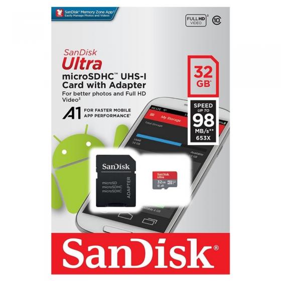 Tarjeta de Memoria SanDisk 32GB SDSQUAR-032G-GN6MA con Adaptador/ Clase 10/ 98MBs - Imagen 1